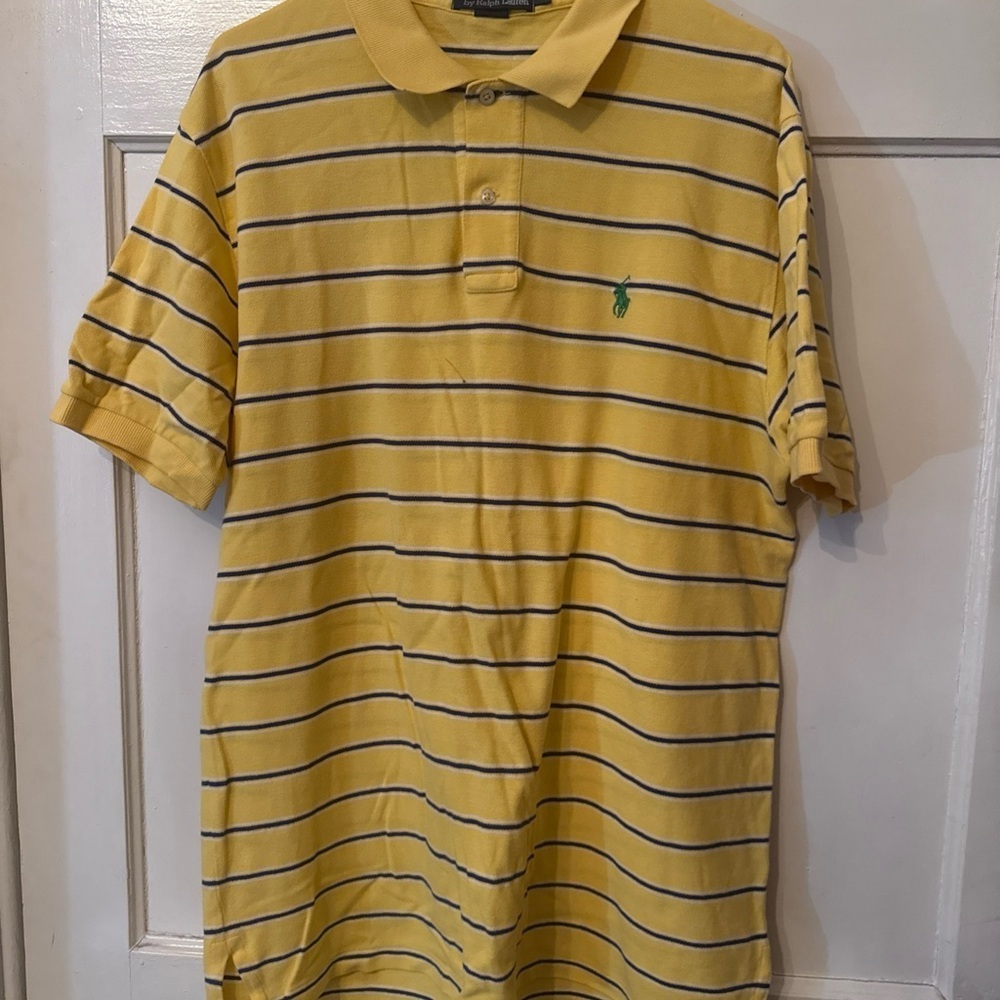 Polo Ralph Lauren Polo Shirt Mens Large Yellow Striped Pony Logo Short Sleeve